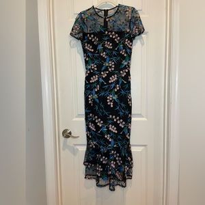 Anthropologie Vone Rylee Dress Embroidered Midi Sheer Mesh Ruffled Hem Size 0